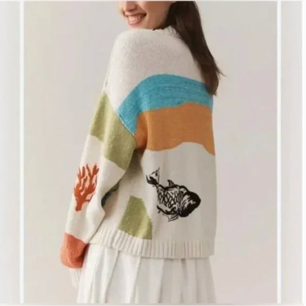 Anthropologie Pilcro Fish Graphic Knit Cardigan Sweater